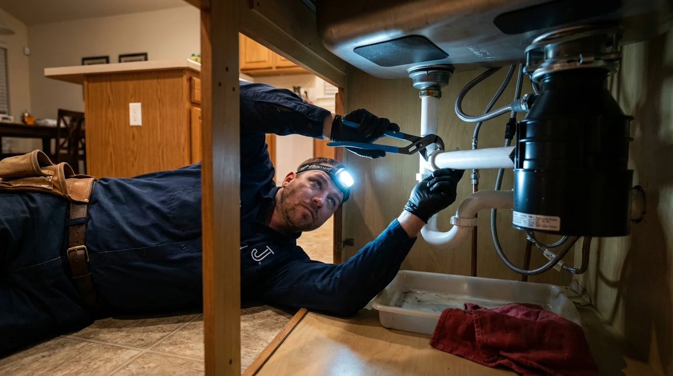 P-trap and supply line connections under a kitchen sink showing a common leak point in Pottsville, PA